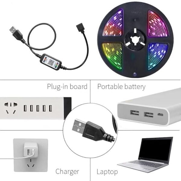 ElectVibes Smart bluetooth 5050 RGB LED Strip Light Kit, 2 Meter Flexible Multi-Colour Lighting with USB Controller for TV Backlight, Bedroom, Home Decor, Ceiling, Pc, Laptop - Image 6