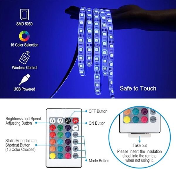 ElectVibes 5050 RGB LED Strip Light 2 Meter Flexible Multi-Colour lighting Smart Remote & USB Controller for TV Backlight, Bedroom, Diwali, Christmas, Ceiling, Home Decor, Pc, Laptop - Image 2