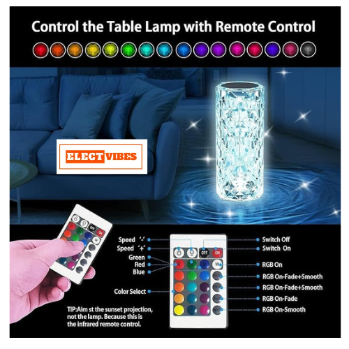 ELECTVIBES LED Crystal Lamp, 16 Color Changing Rose Diamond Table Lamp, USB Rechargeable Touch Night Lamp with Remote Control for Bedroom, Living Room, Party Decoration (PACK OF 1 ) - Image 10