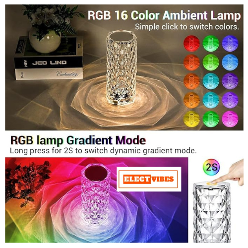 ELECTVIBES LED Crystal Lamp, 16 Color Changing Rose Diamond Table Lamp, USB Rechargeable Touch Night Lamp with Remote Control for Bedroom, Living Room, Party Decoration (PACK OF 1 ) - Image 2