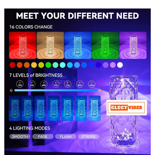 ELECTVIBES LED Crystal Lamp, 16 Color Changing Rose Diamond Table Lamp, USB Rechargeable Touch Night Lamp with Remote Control for Bedroom, Living Room, Party Decoration (PACK OF 1 ) - Image 14