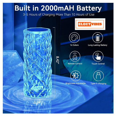 ELECTVIBES LED Crystal Lamp, 16 Color Changing Rose Diamond Table Lamp, USB Rechargeable Touch Night Lamp with Remote Control for Bedroom, Living Room, Party Decoration (PACK OF 1 ) - Image 17