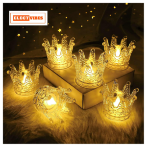 ELECTVIBES Crown Shaped Flameless LED Tea Light Candles - Smokeless Decorative Transparent Acrylic Lights for Christmas and Festive Diwali Decorations (Pcs of 12, Pack of 1 Warm White)