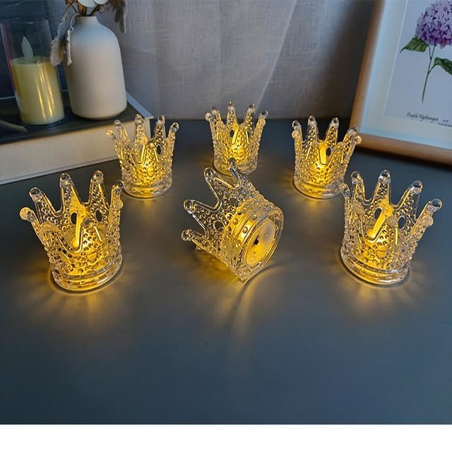 ElectVibes Crown Shaped Flameless LED Tea Light Candles - Smokeless Decorative Transparent Acrylic Lights for Christmas and Festive Diwali Decorations (Pcs of 12, Pack of 1 Warm White) - Image 5