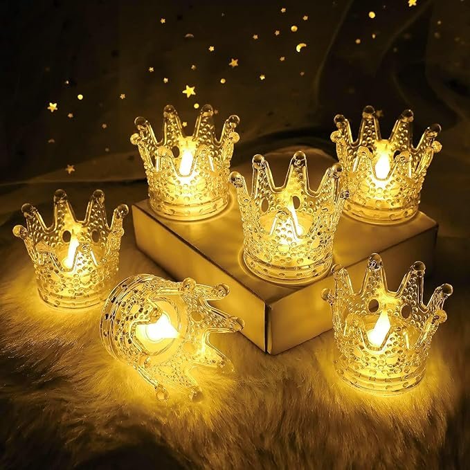 ElectVibes Crown Shaped Flameless LED Tea Light Candles - Smokeless Decorative Transparent Acrylic Lights for Christmas and Festive Diwali Decorations (Pcs of 12, Pack of 1 Warm White)