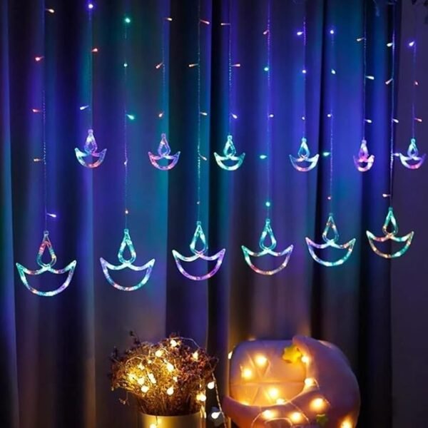 ElectVibes Diya Curtain String Lights (3meter, 6 Big Diya 6 Small Diya, 114 led, Multicolour and 8 Flashing Mode)