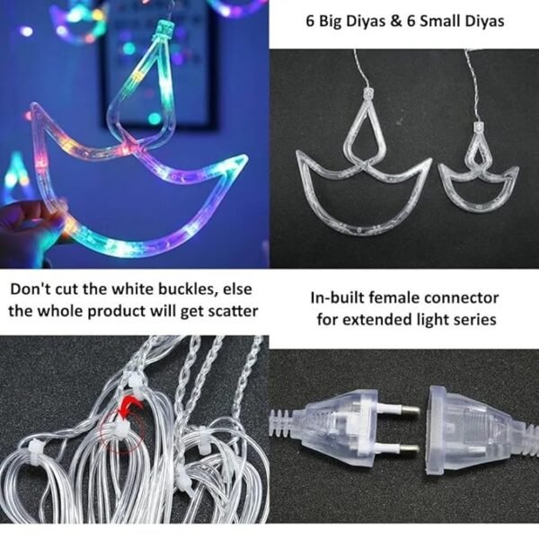 ElectVibes Diya Curtain String Lights (3meter, 6 Big Diya 6 Small Diya, 114 led, Multicolour and 8 Flashing Mode) - Image 4