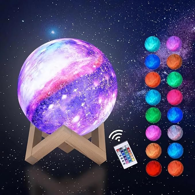 ElectVibes 3D Galaxy moon lamp with 16 Multi-Colour Changing Remote and Touch Control For Adults and Kids With Wooden Stand Night Lamp for Bedroom (15cm) (pack of 1)