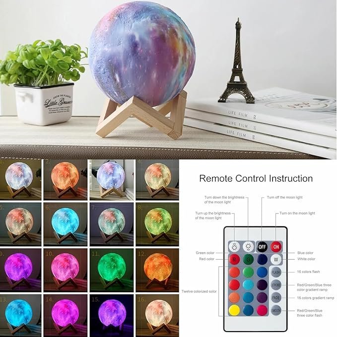 ElectVibes 3D Galaxy moon lamp with 16 Multi-Colour Changing Remote and Touch Control For Adults and Kids With Wooden Stand Night Lamp for Bedroom (15cm) (pack of 1) - Image 4