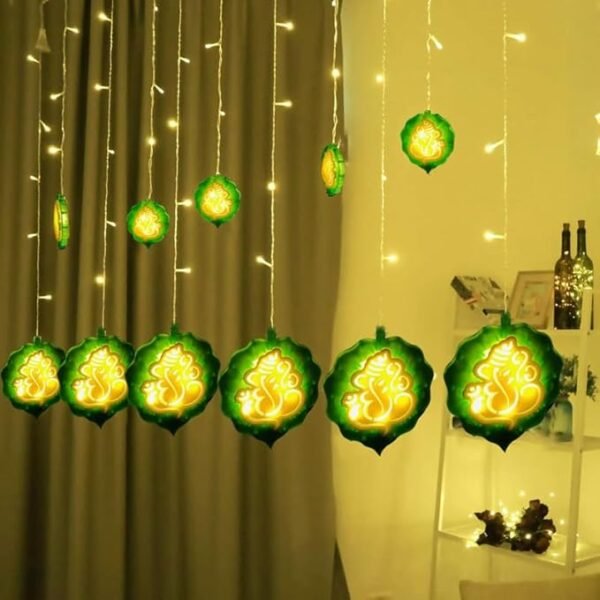 ElectVibes Ganesh Ji Curtain String Lights ( 3meter 6 Big 6 Small Ganesh Leaf Design, 114 led warm white and 8 Flashing Mode)