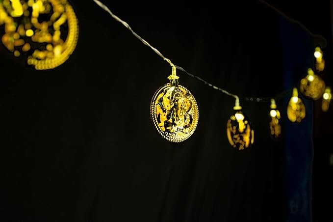 ElectVibes Ganesh Ji Golden Metal String LED Light 3 Meter 10 LED Metal Fairy Lights for Diwali, Home Decoration Wall Hanging Light (Plug-in, Warm White Pack of 1 ) - Image 2