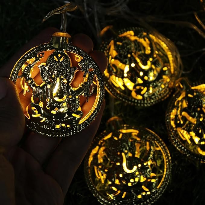 ElectVibes Ganesh Ji Golden Metal String LED Light 3 Meter 10 LED Metal Fairy Lights for Diwali, Home Decoration Wall Hanging Light (Plug-in, Warm White Pack of 1 ) - Image 4