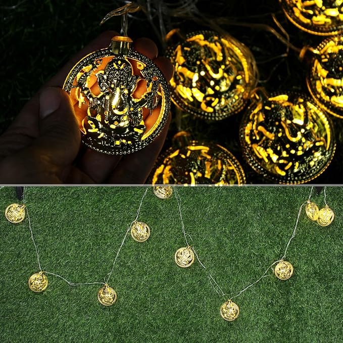 ElectVibes Ganesh Ji Golden Metal String LED Light 3 Meter 10 LED Metal Fairy Lights for Diwali, Home Decoration Wall Hanging Light (Plug-in, Warm White Pack of 1 ) - Image 5