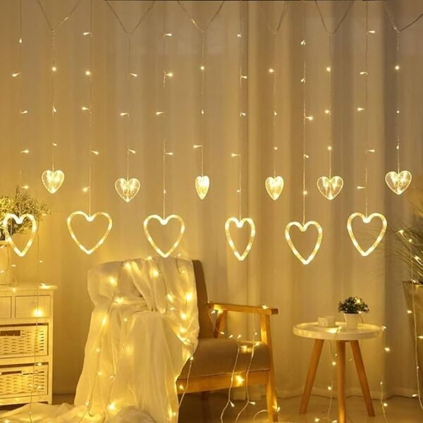 ElectVibes Heart curtain string lights (3meter, 6 Big Heart 6 Small Heart, 114 led, warm white and 8 Flashing Modes)