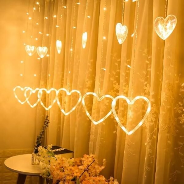 ElectVibes Heart curtain string lights (3meter, 6 Big Heart 6 Small Heart, 114 led, warm white and 8 Flashing Modes) - Image 3