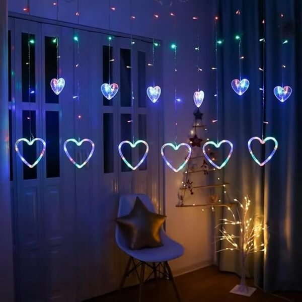 ElectVibes Heart curtain string lights (3meter, 6 Big Heart 6 Small Heart, 114 led, Multicolour and 8 Flashing Modes)