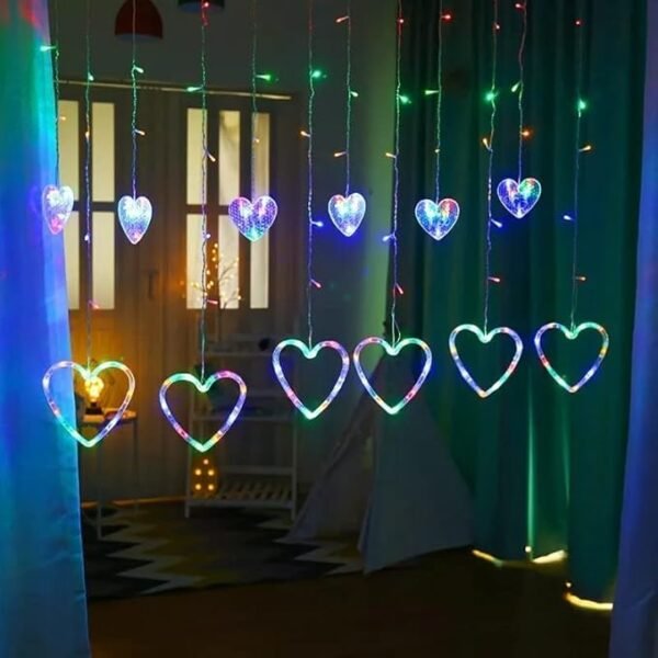 ElectVibes Heart curtain string lights (3meter, 6 Big Heart 6 Small Heart, 114 led, Multicolour and 8 Flashing Modes) - Image 2