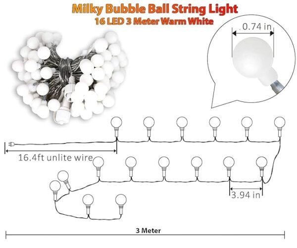 ElectVibes Milky Bulb LED String Lights - Fairy Lights with 16 LED Bulb Waterproof Fairy Crystal LED Serial Lights for Indoor and Outdoor Decoration Home, Room, Diwali & Christmas(3 Meter, Warm White) - Image 3