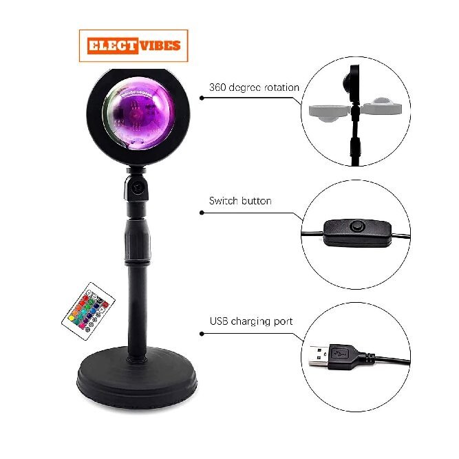 ELECTVIBES Sunset Lamp Projector LED Lights with USB & Remote – 16 Colors, 360° Rotation Romantic Sunlight For Bedroom, Rainbow Night Light for Selfie, Party, Home Decor, and Gifts for Women, Sunlight Lamp For Room (pack of 1) - Image 18