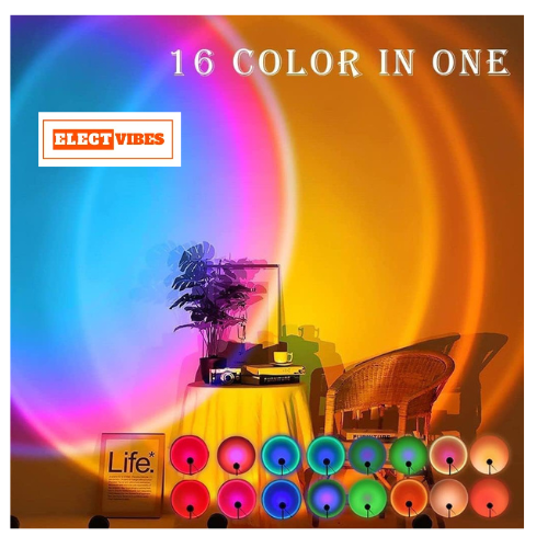 ELECTVIBES Sunset Lamp Projector LED Lights with USB & Remote – 16 Colors, 360° Rotation Romantic Sunlight For Bedroom, Rainbow Night Light for Selfie, Party, Home Decor, and Gifts for Women, Sunlight Lamp For Room (pack of 1) - Image 6