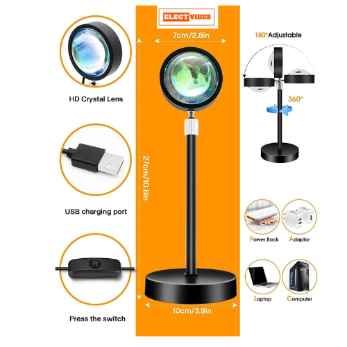 ELECTVIBES Sunset Lamp Projector LED Lights with USB & Remote – 16 Colors, 360° Rotation Romantic Sunlight For Bedroom, Rainbow Night Light for Selfie, Party, Home Decor, and Gifts for Women, Sunlight Lamp For Room (pack of 1) - Image 7