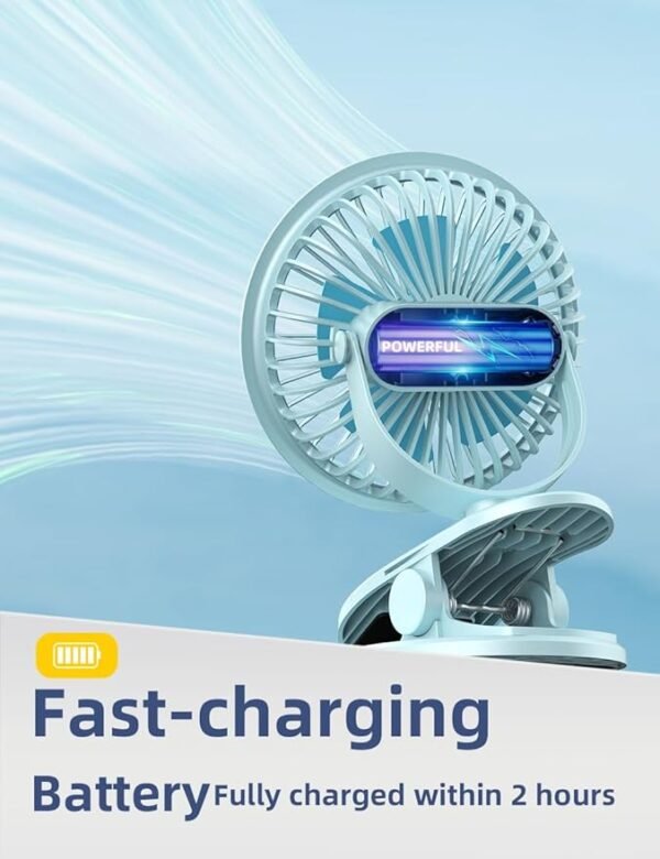 ElectVibes 6-Inch Mini Portable USB Fan, Battery-Powered with 3 Speeds, Quiet and Low Vibration, 720° Rotatable Rechargeable Fan for Home, Office, Stroller, and Camping – Blue (Pack of 1) - Image 2
