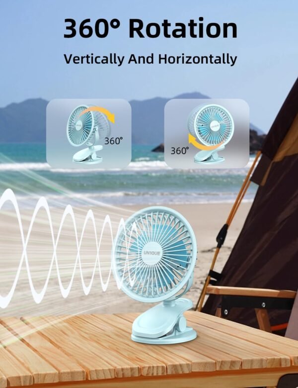 ElectVibes 6-Inch Mini Portable USB Fan, Battery-Powered with 3 Speeds, Quiet and Low Vibration, 720° Rotatable Rechargeable Fan for Home, Office, Stroller, and Camping – Blue (Pack of 1) - Image 5