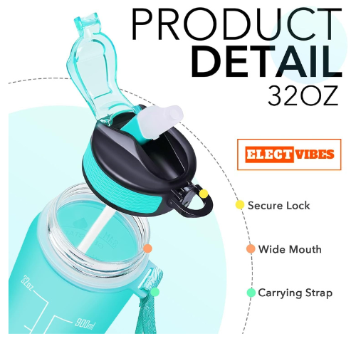 ElectVibes 1000ML Motivational Water Bottle – BPA-Free 1L Sipper with Time Marker for Fitness Gym, Office & Outdoor Use - Image 7