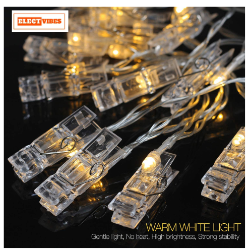 ELECTVIBES Simple Clip String Light 14 LED, 3 Meter Plug-In, Photo Clip String LIGHTS LEDs | Hanging Fairy Lights for Pictures, Bedroom, Wall Décor, Party, Wedding & Festive Decoration - Image 2