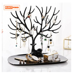 ELECTVIBES  Antler Jewelry Holder – Creative Sika Deer Tree Design Display Stand & Tray for Rings, Earrings, and Accessories (Black)