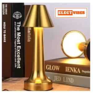 ELECTVIBES  Pyramid Shape Rechargeable Gold Metal LED Table Lamp with Touch Sensor, 3 Levels Brightness, Cozy Warm Lighting - Ideal Bedside Lamp or Night Light for Kids Nursery, Room Decor, Cafe (PACK OF 1)