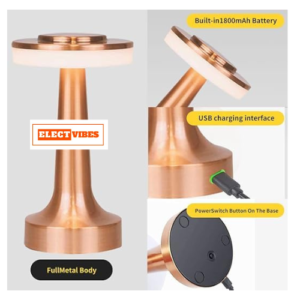 ELECTVIBES Portable Metal Desk Lamp With Touch Sensor Control, 3-Levels Brightness Rechargeable, Desk lamps, Portable Dimming Lamp Cordless Bedsides Lamp, Night Light for Kids Nursery,Dining Room Lamp (Gold)