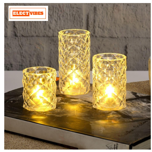 ELECTVIBES Diamond LED Tea Light Candle 3pcs set – Flameless & Smokeless Decorative Lights in Transparent Acrylic – Warm White Glow for Diwali, Festive & Home Décor (Sizes: 9 cm, 7 cm, 9 cm) - Image 4
