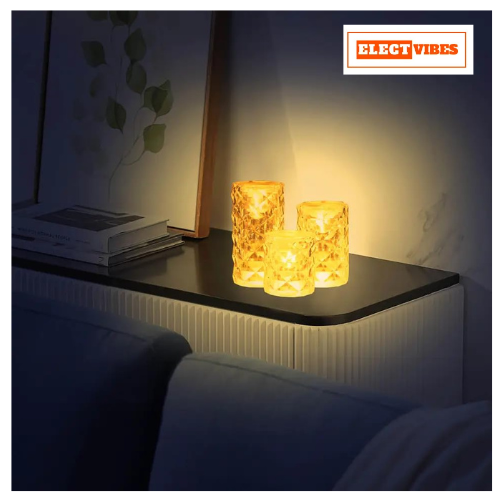 ELECTVIBES Diamond LED Tea Light Candle 3pcs set – Flameless & Smokeless Decorative Lights in Transparent Acrylic – Warm White Glow for Diwali, Festive & Home Décor (Sizes: 9 cm, 7 cm, 9 cm) - Image 5