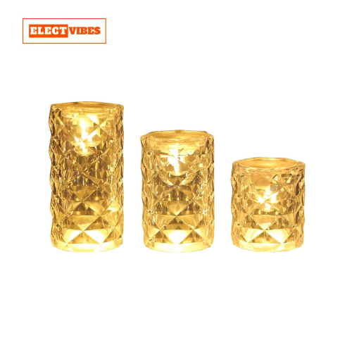 ELECTVIBES Diamond LED Tea Light Candle 3pcs set – Flameless & Smokeless Decorative Lights in Transparent Acrylic – Warm White Glow for Diwali, Festive & Home Décor (Sizes: 9 cm, 7 cm, 9 cm) - Image 7