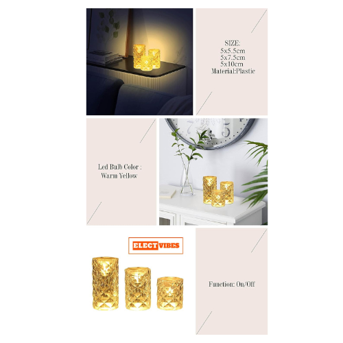 ELECTVIBES Diamond LED Tea Light Candle 3pcs set – Flameless & Smokeless Decorative Lights in Transparent Acrylic – Warm White Glow for Diwali, Festive & Home Décor (Sizes: 9 cm, 7 cm, 9 cm) - Image 8