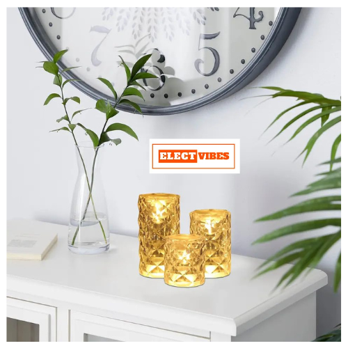 ELECTVIBES Diamond LED Tea Light Candle 3pcs set – Flameless & Smokeless Decorative Lights in Transparent Acrylic – Warm White Glow for Diwali, Festive & Home Décor (Sizes: 9 cm, 7 cm, 9 cm) - Image 9