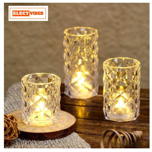 ELECTVIBES Diamond LED Tea Light Candle 3pcs set – Flameless & Smokeless Decorative Lights in Transparent Acrylic – Warm White Glow for Diwali, Festive & Home Décor (Sizes: 9 cm, 7 cm, 9 cm)