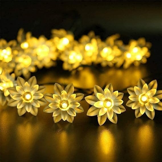 ElectVibes Plastic Lotus Flower String Lights Plug-in Fairy Lights for Indoor/Outdoor Decoration, Ideal for Diwali, Christmas, Navratri, and Parties (Warm White, 3 Meters, 14 Led)