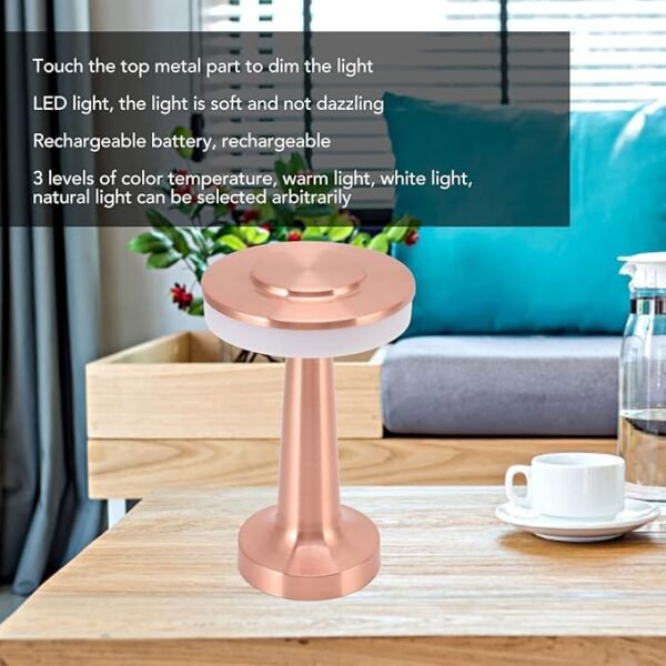 ElectVibes Portable Metal Desk Lamp With Touch Sensor Control, 3-Levels Brightness Rechargeable, Desk lamps, Portable Dimming Lamp Cordless Bedsides Lamp, Night Light for Kids Nursery,Dining Room Lamp (Rose Gold) - Image 2