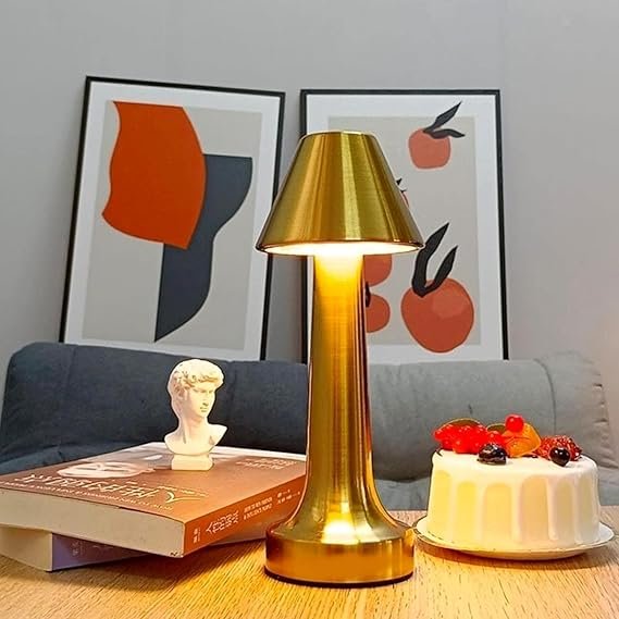ElectVibes Pyramid Shape Rechargeable Gold Metal LED Table Lamp with Touch Sensor, 3 Levels Brightness, Cozy Warm Lighting - Ideal Bedside Lamp or Night Light for Kids Nursery, Room Decor, Cafe