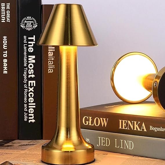ElectVibes Pyramid Shape Rechargeable Gold Metal LED Table Lamp with Touch Sensor, 3 Levels Brightness, Cozy Warm Lighting - Ideal Bedside Lamp or Night Light for Kids Nursery, Room Decor, Cafe - Image 2