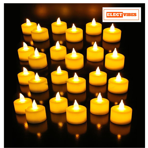 ELECTVIBES Crystal LED Tea Light Flickering Candles – Pack of 24 Decorative Smokeless & Flameless Acrylic Lights for Home Decoration, Diwali, Christmas, Anniversary (Yellow, 5CM) - Image 2