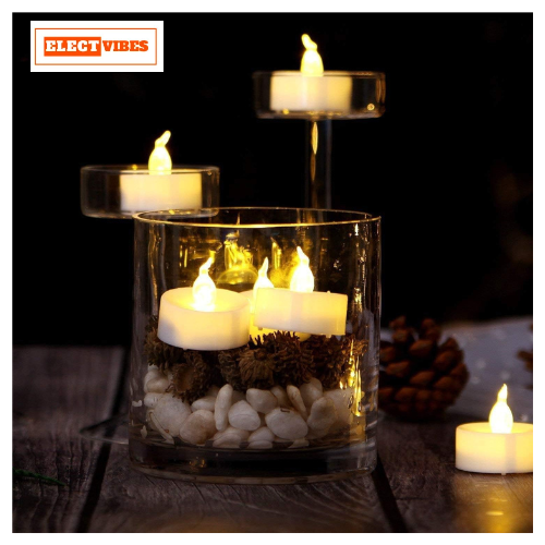ELECTVIBES Crystal LED Tea Light Flickering Candles – Pack of 24 Decorative Smokeless & Flameless Acrylic Lights for Home Decoration, Diwali, Christmas, Anniversary (Yellow, 5CM) - Image 5