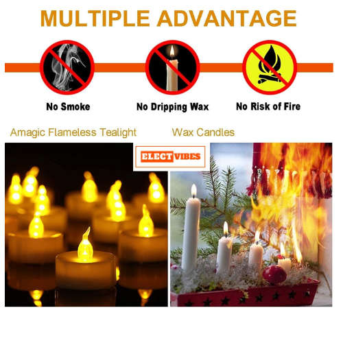 ELECTVIBES Crystal LED Tea Light Flickering Candles – Pack of 24 Decorative Smokeless & Flameless Acrylic Lights for Home Decoration, Diwali, Christmas, Anniversary (Yellow, 5CM) - Image 6
