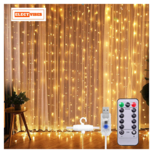 ELECTVIBES Fairy Curtain String Lights Warm White 300 LED with 8 Modes Remote Control, Adjustable Brightness and USB Plug for Indoor Outdoor Decoration ( Warm White 3 X 3 Meter) Plastic)