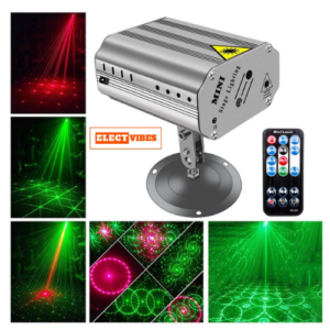 ELECTVIBES  Mini Laser Projector Stage Light – 16 Dynamic Designs with Remote Control, Sound-Activated DJ Party Light – Perfect for Diwali, Weddings, Home Décor & More – Includes Mini Tripod (Corded Electric)