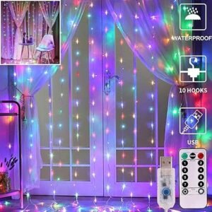 ElectVibes Fairy Curtain String Lights Warm White 300 LED with 8 Modes Remote Control, Adjustable Brightness and USB Plug for Indoor Outdoor Decoration (3 X 3 Meter) Plastic)