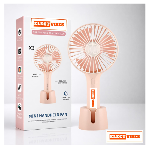 ELECTVIBES Mini Portable Hand Fan Powerful Brushless Motor, 3-Speed Large Blades, Noise-Cancelling, USB (Up to 6Hrs) Avaialble In Assorted Colors - Image 2