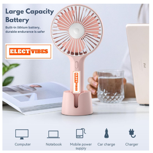 ELECTVIBES Mini Portable Hand Fan Powerful Brushless Motor, 3-Speed Large Blades, Noise-Cancelling, USB (Up to 6Hrs) Avaialble In Assorted Colors - Image 5